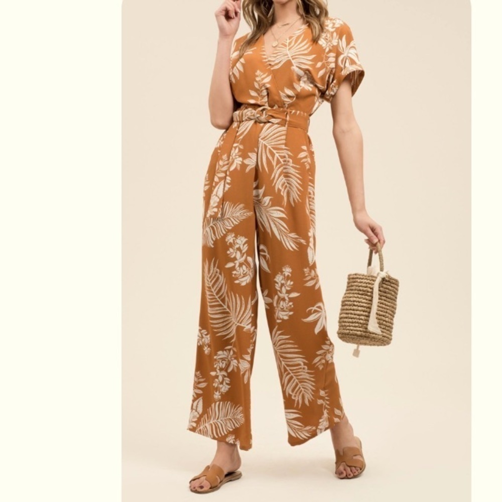 Blu Pepper Tropical Leaf Rust Open Back Jumpsuit - image 4